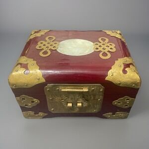 Vintage Asian Wooden Jewelry Box Ornate Brass Carved  Green  Jade Top Silk Lined